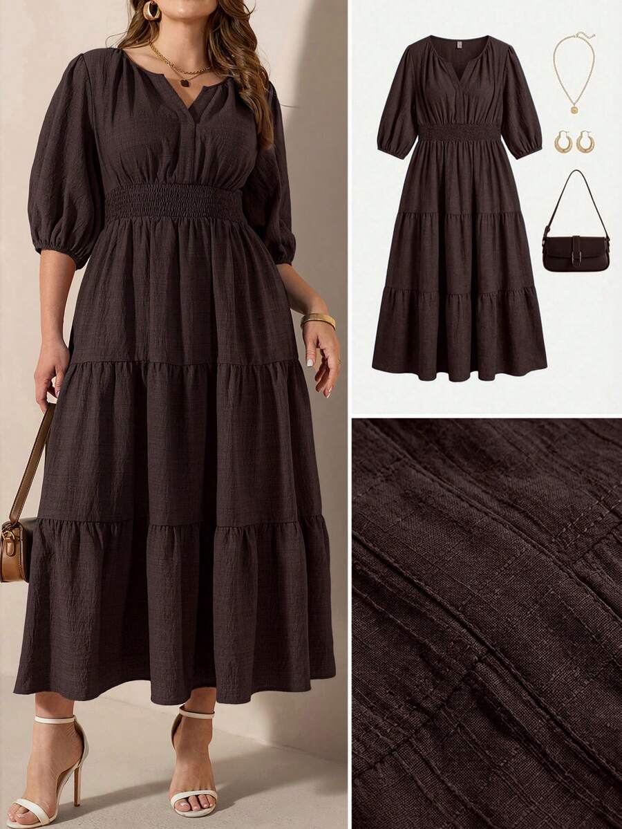 Comfylo Denim Effect Woven Plus Size Cinched Waist Long Dress - Brown - View 1