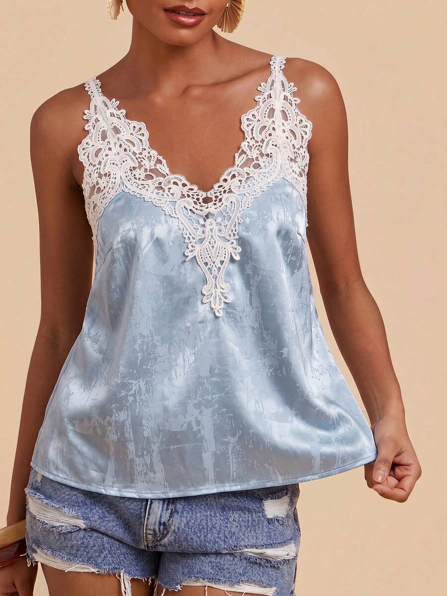 Travachic Camiseta de satén y encaje con patchwork - Neblina azul - Ver 1