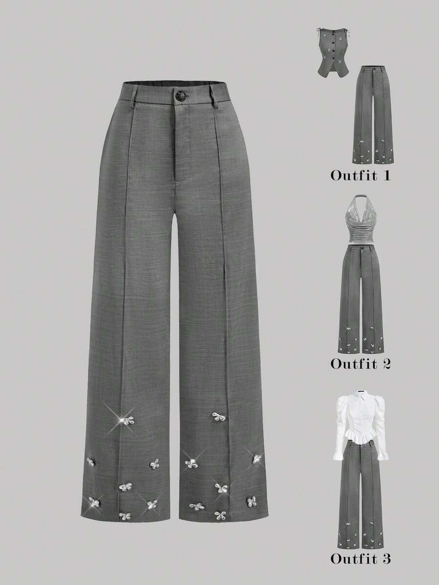SHEIN MOD Solid Color Flared Pants With Ribbon Design, Ruched Sides And Drawstring - Grey - View 1