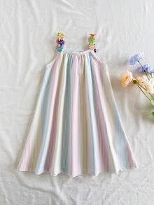 SHEIN Vintaside Kids 女童多色條紋細肩帶洋裝，夏季新款清新馬卡龍配色洋裝，嬰幼童可愛碎花肩帶無袖公主裙 - 彩色 - 查看 3