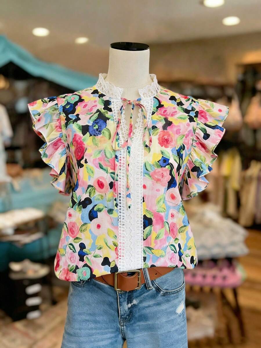 SHEIN Franclia 女款優雅花卉印花荷葉邊飾花卉襯衫 - 彩色 - 查看 1