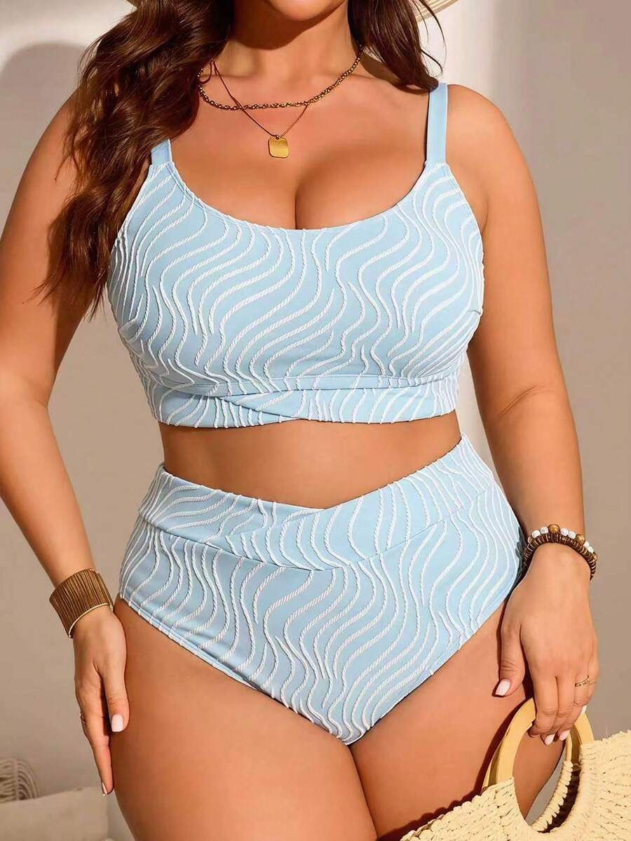 Swim Chiccia Women's Plus Size 2-Piece Textured Fabric Spaghetti Strap Triangle Bikini Set For Vacation Beach Blue And White Summer Sexy - Multicolor - View 1