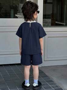 DAZY V-Neck Colorblock Straight Leg Cool Top + Shorts Set Young Boy T-Shirt Set Summer - Navy Blue - View 4