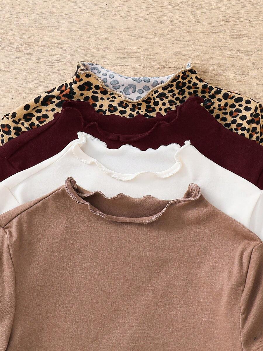 SHEIN Kids Young Girl Lovely Cute 4pcs/Set Leopard Print Solid Color Mock Neck Lettuce Trim Knit Fabric Tee Versatile Casual Daily School In Autumn Winter - Multicolor - View 1