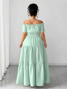 Elenzga Plus Size Women's Spring/Summer Elegant Exquisite Elastic Off-Shoulder Waist-Cinched Patchwork Short Sleeve Dress - Green - View 2