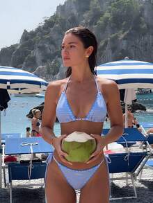 Swim Mod 2pcs/Set Women's Blue And White Striped Bikini,Summer Casual Beach Holiday Vacation Holiday Swimwear,Halter Backless Tie Top&Side Tie Bottom Set - Multicolor - View 3