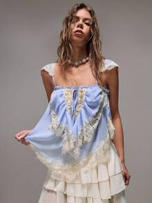 Sweetness Áo croptop phối ren và voan chiffon phong cách lãng mạn cho kỳ nghỉ, phối màu boho - Màu xanh nhạt - Xem 9