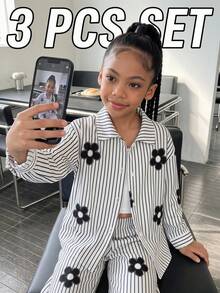 SHEIN 少女三件套：条纹长袖衬衫、印花长裤和吊带背心，适合春秋季穿着 - 黑與白 - 查看 6