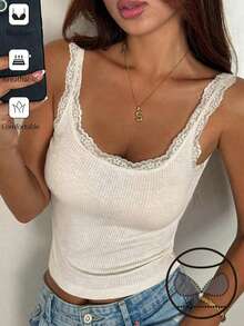 DAZY Camiseta sin mangas ajustada con parches de encaje acanalado y busto acolchado, blanco, top de capa para mujer en primavera/verano - Blanco - Ver 3