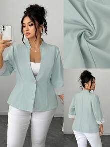 Elenzga Plus Size V-Neck Open Front Elegant Commuter Color Block Striped Cuff 3/4 Sleeve 2 In 1 Versatile Blazer Fall - Mint Green - View 3
