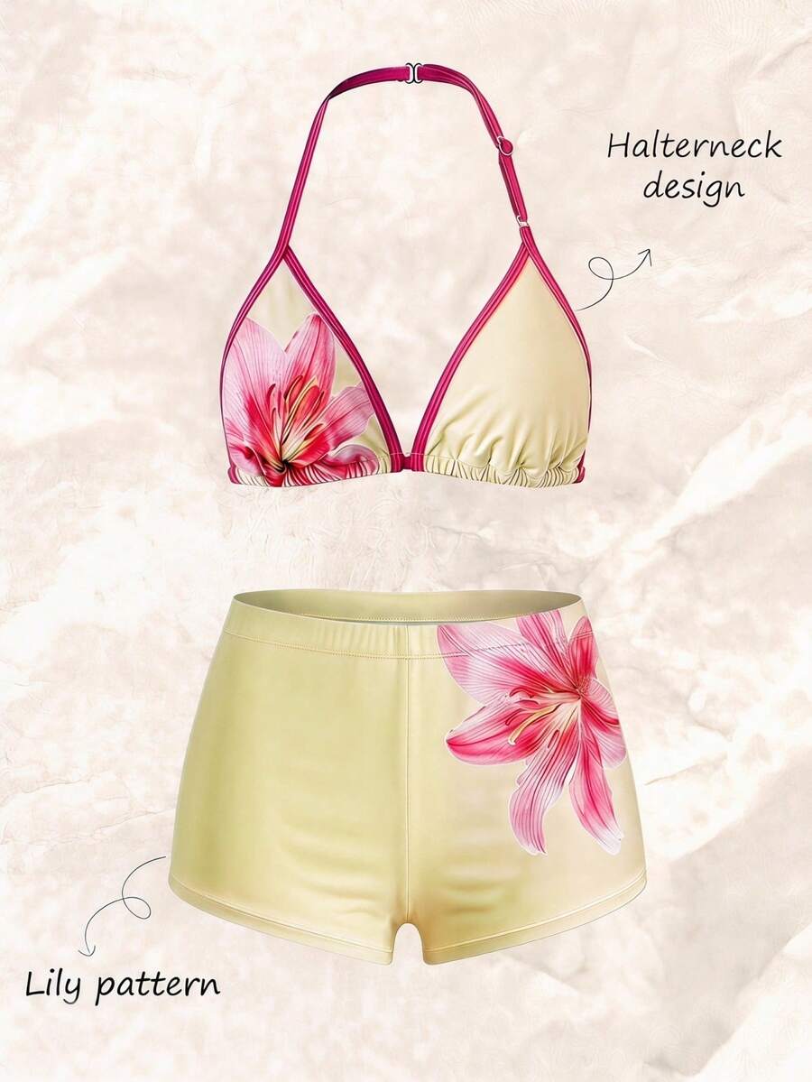 SHEIN Teen Girls Floral Print Tankini Set,Includes Spaghetti Strap Crop Top And Matching Shorts,Suitable For Summer Beach Vacation,Ideal Hawaii Fashion - Yellow - View 1