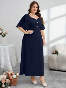 Modelyn Plus Size Women Elegant Button Design Ruffle Sleeve Midi Dress - Navy Blue - View 3