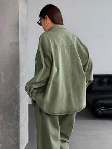 SHEIN ICON Plus Size Women Drop Shoulder Long Sleeve Single Breasted Casual Loose Denim Jacket - Army Green - View 2