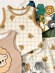 Young Boys Casual Simple Comfortable Tank Tops, 3pcs Set, Suitable For Spring/Summer, Cute Animal Park Cartoon Hand-Drawn Pattern Print, Cute Cartoon Bear Pattern Print, Cute Lion Pattern Print - Multicolor - View 4