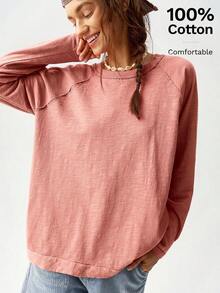 Bohemela Áo thun nữ dáng dài rộng tay dài raglan cổ tròn dệt kim màu trơn phong cách nghỉ dưỡng - Bụi hồng - Xem 9