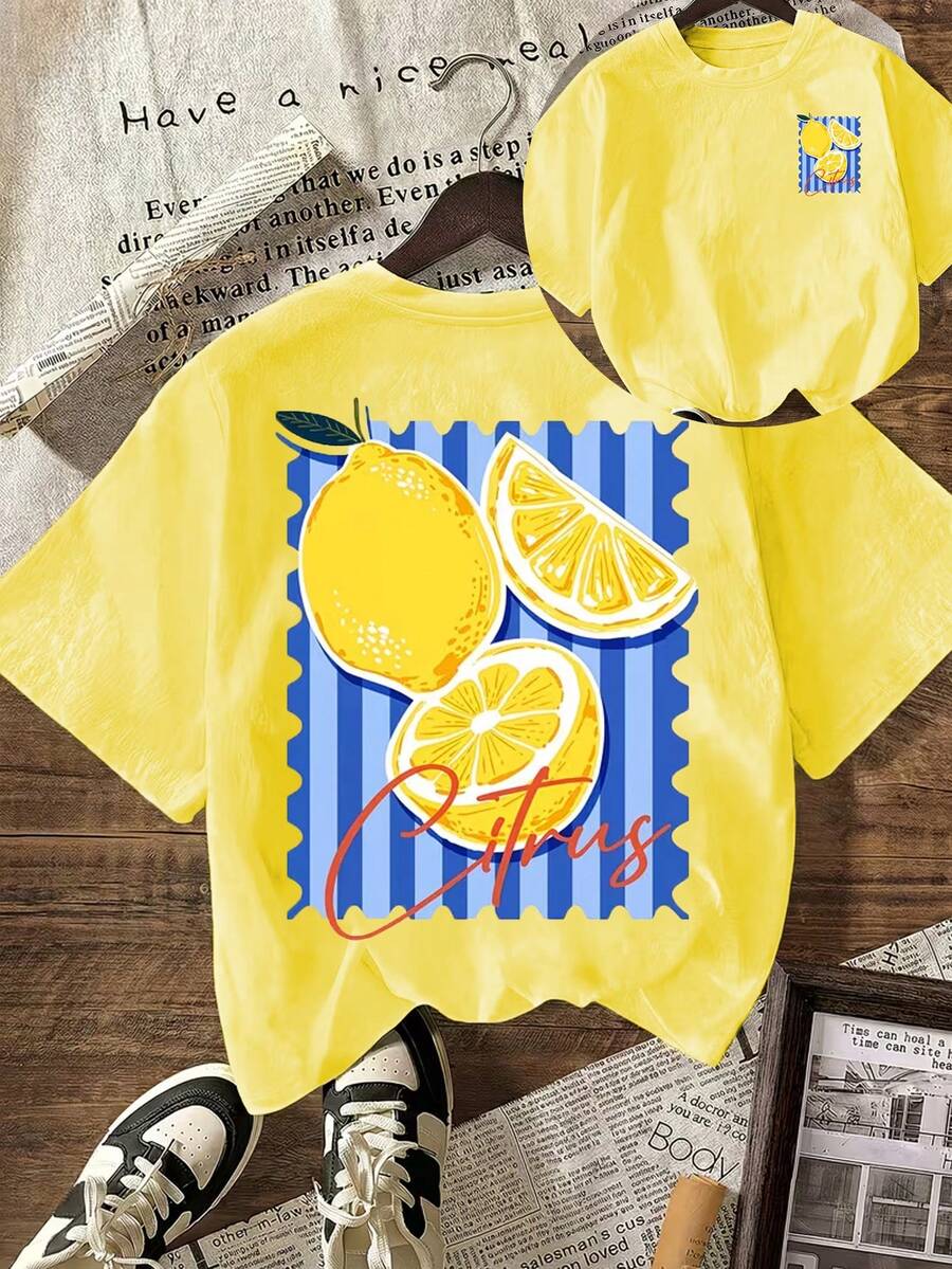 EMERY ROSE 夏季檸檬圖案女款休閒短袖上衣 Y2K 復古風柑橘印花 T-shirt 街頭風黃色基本款上衣 - 黃色 - 查看 1