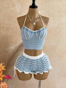 Soleia Conjunto de 2 piezas para mujer con top de punto con cuello halter decorado con perlas falsas y shorts de punto a rayas - Multicolor - Ver 7