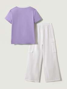 SHEIN Casuvi Kids Ensemble T-shirt décontracté d'été pour filles, T-shirt à manches courtes col rond avec motif broderie nœud et pantalon cargo long, ensemble 2 pièces, convient pour les tenues de mode printemps/été - Parme - Voir 2