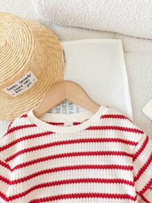 LMoss Kids 2pcs Baby Girl Knitted Striped Round Neck T-Shirt And Shorts Set - Red and White - View 7