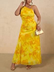 Levarali Gaun Kasual Elegan Berwarna Kuning dengan Motif Cetak dan Bahu Asimetris - MultiWarna - View 4