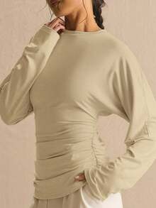 MUSERA Cinched Ruched Waist Batwing Long Sleeve Top Spring Summer Cute Cosy Cottage Core Spring Dew Spring Outfit Office - Khaki - View 2