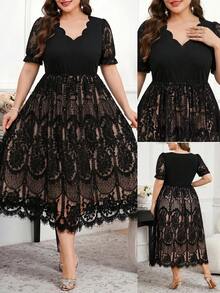 Reflora Plus Size Women's Solid Color Shell Lace Trim Eyelash Lace Short Sleeve Dress Wedding Black Summer Elegant - Black - View 1