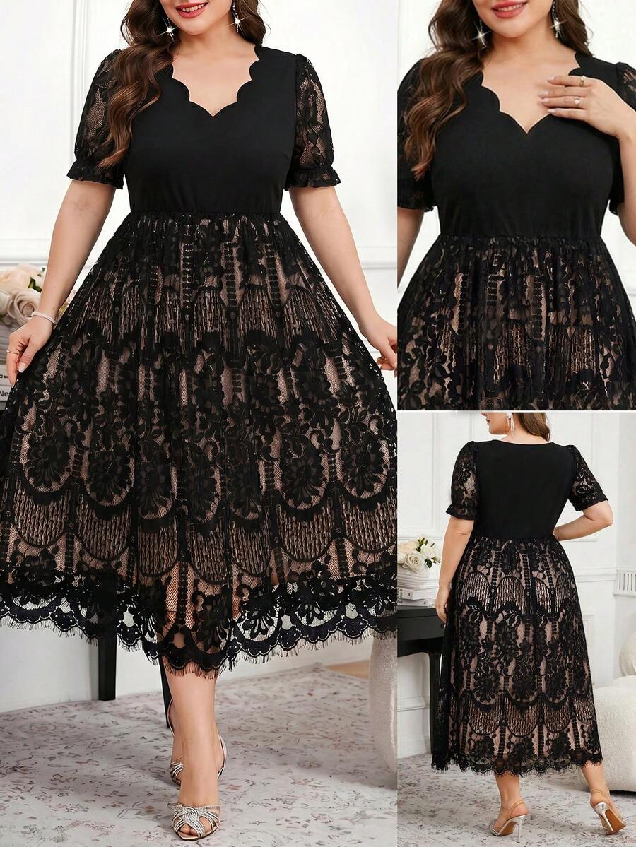 Reflora Plus Size Women's Solid Color Shell Lace Trim Eyelash Lace Short Sleeve Dress Wedding Black Summer Elegant - Black - View 1