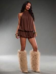 Normani Vestido mini de mujer con cuello halter y volantes en el bajo, color liso, para vacaciones - Marrón - Ver 4