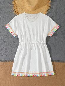 SHEIN 青少年女孩泳裝罩衫，一件式時尚休閒優雅蕾絲泳裝罩衫，適合游泳、夏季海灘、度假、泳池派對 - 白色 - 查看 5