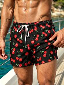 Azuldrift Men's Beach Summer Cherry Print Drawstring Shorts Holiday / Vacation / Beach / Hawaii / Tropical / Swim /  Bathing - Black - View 4