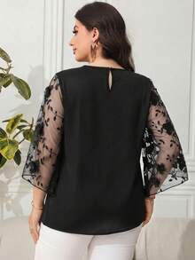 Reflora Plus Size Elegant Commuter Shirt With 3D Floral Decor, Embroidery And Mesh Panels Fall - Black - View 2