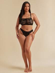 SHEIN BAE CURVE 花卉蕾丝加大码女式性感无钢圈文胸单件性感内衣 - 黑色 - 查看 3