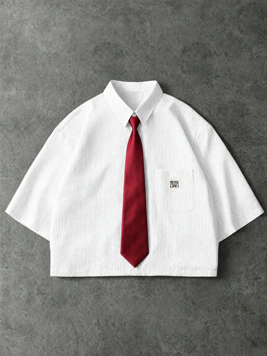 PAVTROS Men's Striped Letter Print Pocket Short Sleeve Shirt - White - View 1