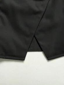SHEIN 青少年女孩 T-Shirt 套裝 夏季優雅簡約休閒通勤日常 金屬鈕扣短袖收腰深色上衣搭配高腰寬腿長褲 黑色橄欖綠 2件組 - 黑色 - 查看 6
