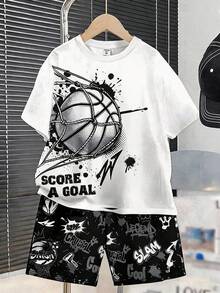 SHEIN 青少年男孩足球圖案休閒寬鬆合身短袖T恤與短褲套裝，舒適睡衣，夏季 - 彩色 - 查看 1