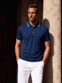 Officeau Men's Colorblock Striped Print Casual Short Sleeve Polo Shirt, Summer Men Polo Shirts - Royal Blue - View 5