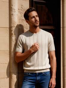 Officeau Men's Solid Color Short Sleeve Knit Vertical Striped Crew Neck Top - Apricot - View 11