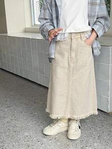 SHEIN Little Byeori 女童新款時尚休閒軟綿優雅棉質口袋鈕扣百搭日常穿著白色牛仔長裙，適合女童春/夏日常穿著、街頭風、節慶、派對、海灘、生日、鄉村風、畢業、休閒、優雅、暑假 - 米色 - 查看 3