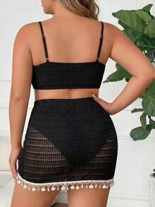 SHEIN CURVE+ 2026新款大尺碼女裝泳衣，特殊面料貝殼裝飾平口高腰開衩泳衣，復古海灘度假大尺碼比基尼 - 黑色 - 查看 2