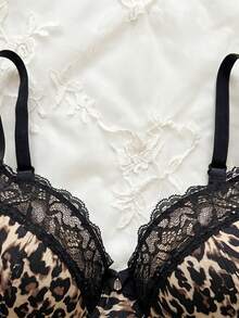 SHEIN 2pcs Women's Leopard Print Lace Patchwork Underwire Padded Push Up Bra Set ClassicAnimalPrint - Multicolor - View 4