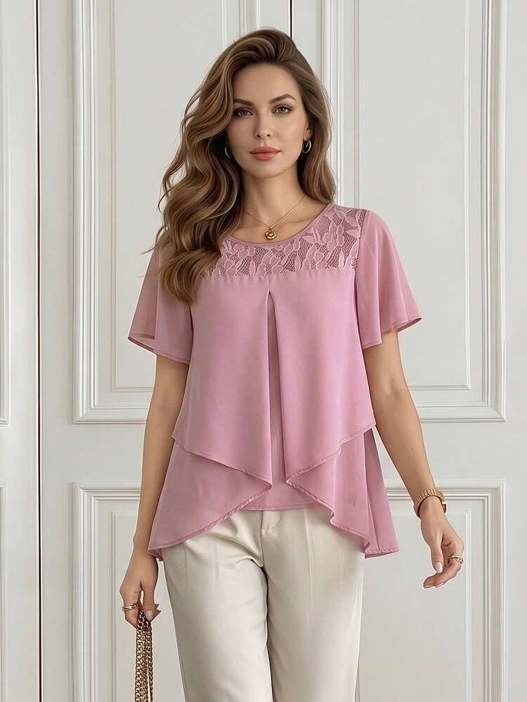 Women's Contrast Lace Ruffle Short Sleeve Asymmetric Hem Elegant Blouse,Summer Blouse,Pink Top