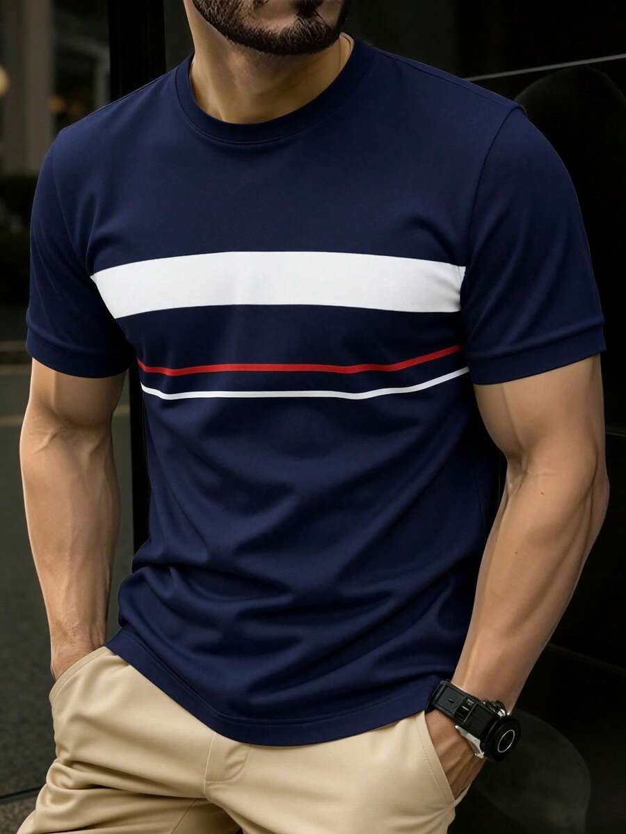 Manfinity Homme Men's Summer Casual Vacation Daily Commute Colorblock Striped Print Short Sleeve T-Shirt - Multicolor - View 1