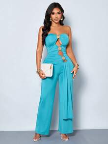 SOLERSUN Mono de verano 2026 para mujer, sexy, de color azul océano con recortes y fruncidos, de alta elasticidad. Elegante mono de una pieza con herrajes en forma de concha, sin tirantes, espalda descubierta, pantalones anchos de pierna larga. Mono de una pieza con recorte en forma de concha, sin tirantes, de Body ceñido y piernas anchas. Atuendo para fiesta en la playa, club, estética Y2K - Azul - Ver 6