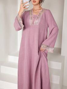 Yasmyna Robe élégante à col en V 2 en 1 avec patchwork de dentelle et manches évasées, printemps/été - Rose bonbon - Voir 12