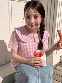 Hapijoa Tween Girl Plaid Peter Pan Collar Short Sleeve Single-Breasted Cute Blouse Summer - Coral Pink - View 5