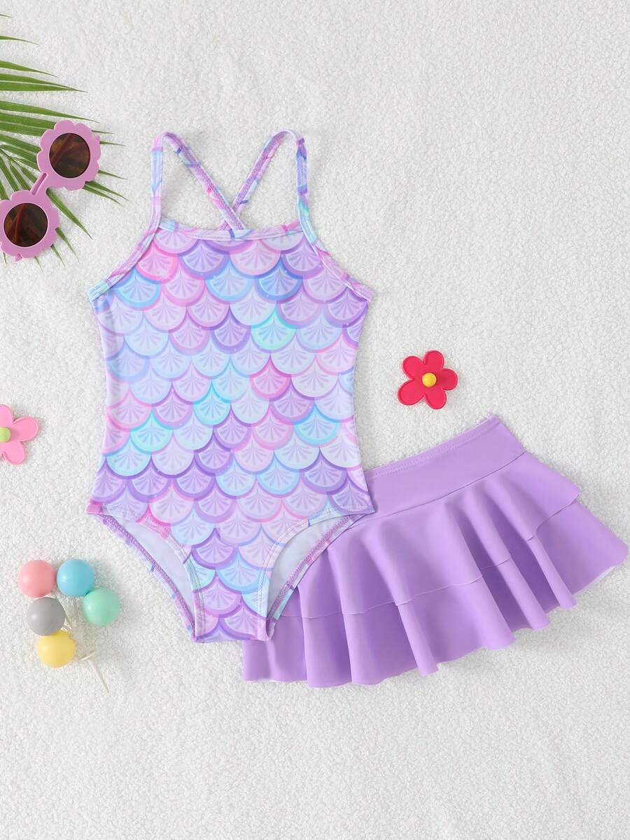 SHEIN Baju Renang Terusan Bayi Perempuan dengan Rok, Motif Stroberi yang Lucu - Purple - View 1