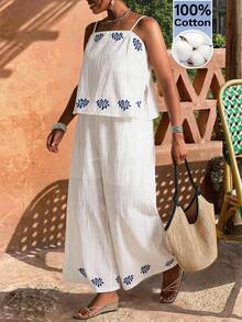 Elaquor Plus Size Minimalist Print Camisole Top And Pants 2 Pieces Set Casual Two Piece Set For Women Flower Print Sets Boho Style Two Pieces Set For Women - White - View 1