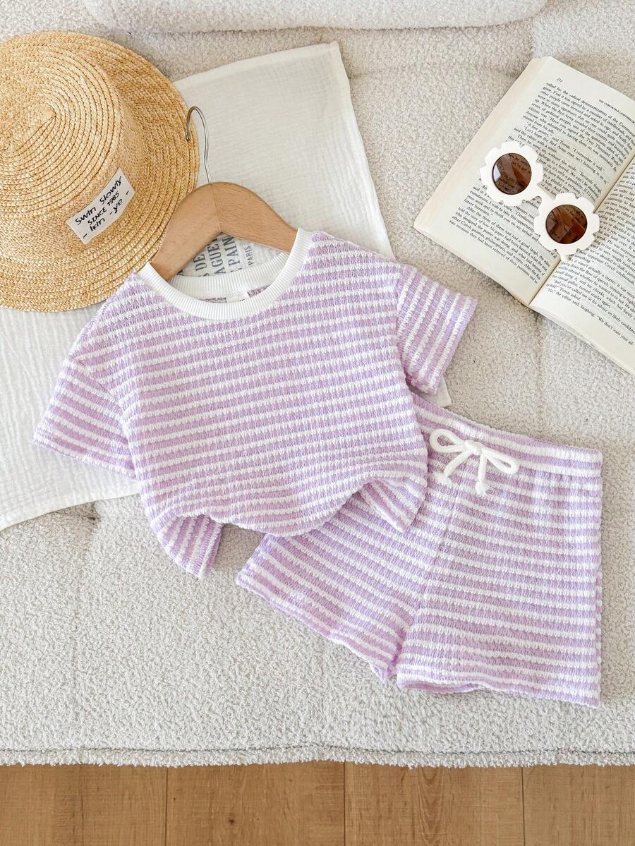 LMoss Kids Set 2 Potong Baju dan Celana Pendek Rajut Bergaris Leher Bulat untuk Bayi Perempuan - Mauve Purple - View 1