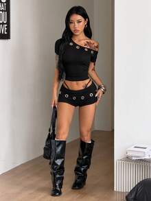 Coolane Women's Summer Streetwear Casual Gyaru  Y2K Concert Outfit Grunge Stretchy Grommet Eyelet Black Slim Fit Off Shoulder Crop T-Shirt Low Rise Short 2pcs - Black - View 2