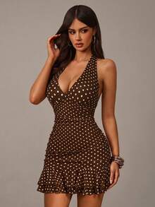 Radiana Elegant Sexy 70s Retro Women's Brown And White Polka Dot Halter Mini Dress Sleeveless Deep V Neck Ruched Bodycon Short Dress Summer Night Out Party - Brown - View 5